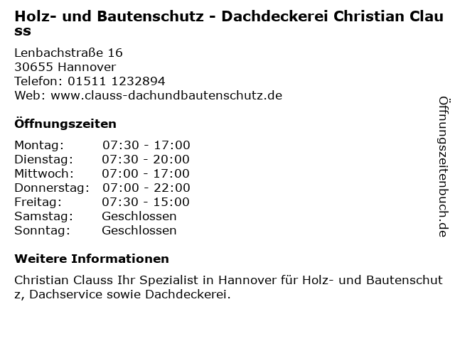Christian Clauß - Holz und Bautenschutz / Dachservice in Hannover: Adresse und Öffnungszeiten