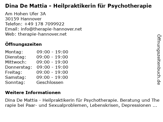 Dina De Mattia - Heilpraktikerin für Psychotherapie in Hannover: Adresse und Öffnungszeiten