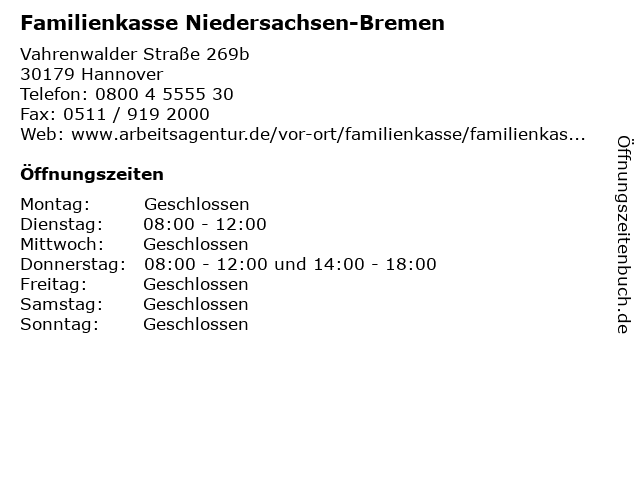 ᐅ Offnungszeiten Familienkasse Niedersachsen Bremen Standort Hannover Vahrenwalder Strasse 269b In Hannover