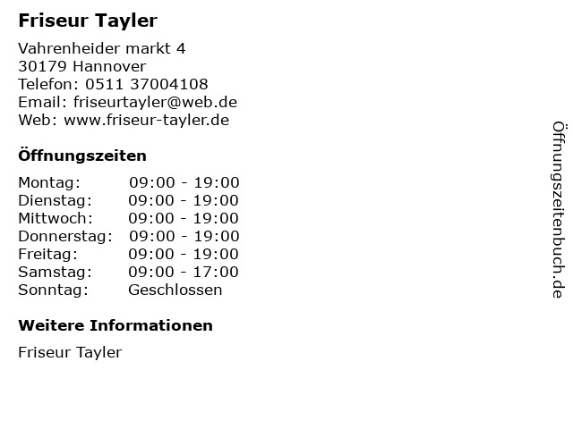 Friseur Tayler in Hannover: Adresse und Öffnungszeiten