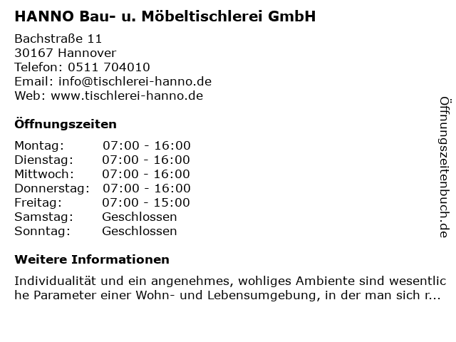 HANNO Bau- u. Möbeltischlerei GmbH in Hannover: Adresse und Öffnungszeiten