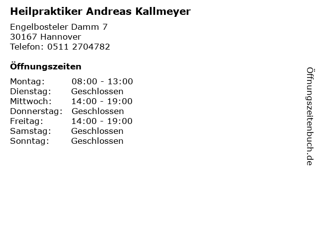 Heilpraktiker Andreas Kallmeyer in Hannover: Adresse und Öffnungszeiten