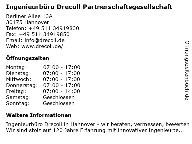 Ingenieurbüro Drecoll Partnerschaftsgesellschaft in Hannover: Adresse und Öffnungszeiten