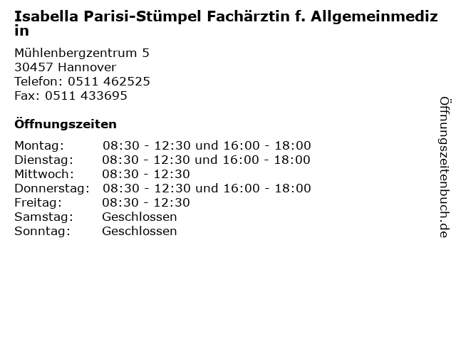 Isabella Parisi-Stümpel Fachärztin f. Allgemeinmedizin in Hannover: Adresse und Öffnungszeiten