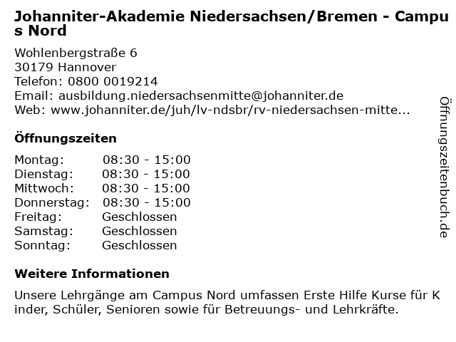 Johanniter-Akademie Niedersachsen/Bremen - Campus Nord in Hannover: Adresse und Öffnungszeiten
