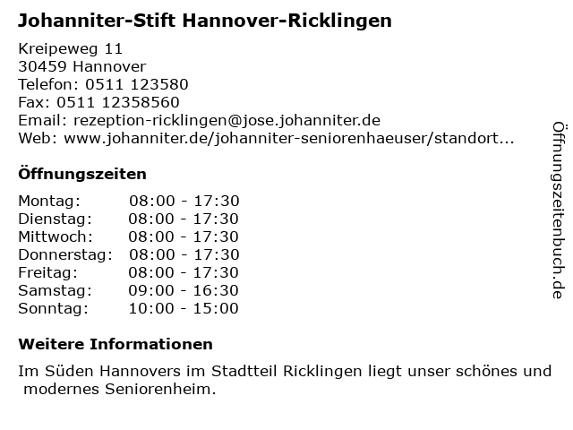 Johanniter-Stift Hannover-Ricklingen in Hannover: Adresse und Öffnungszeiten