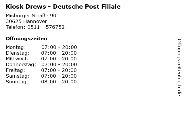 Kiosk Drews - Deutsche Post Filiale in Hannover: Adresse und Öffnungszeiten