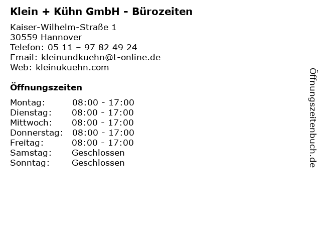 Klein + Kühn GmbH - Bürozeiten in Hannover: Adresse und Öffnungszeiten
