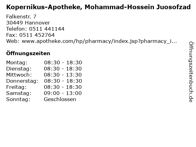 Kopernikus-Apotheke, Mohammad-Hossein Juosofzad in Hannover: Adresse und Öffnungszeiten
