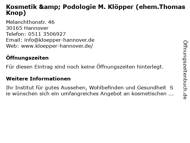 Kosmetikfachinstitut Thomas Knop in Hannover: Adresse und Öffnungszeiten