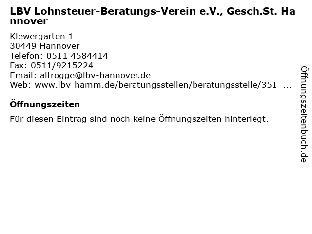LBV Lohnsteuer-Beratungs-Verein e.V., Gesch.St. Hannover in Hannover: Adresse und Öffnungszeiten