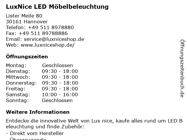 LuxNice LED Möbelbeleuchtung in Hannover: Adresse und Öffnungszeiten