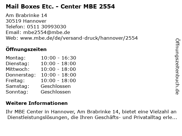 Mail Boxes Etc. - Center MBE 2554 in Hannover: Adresse und Öffnungszeiten