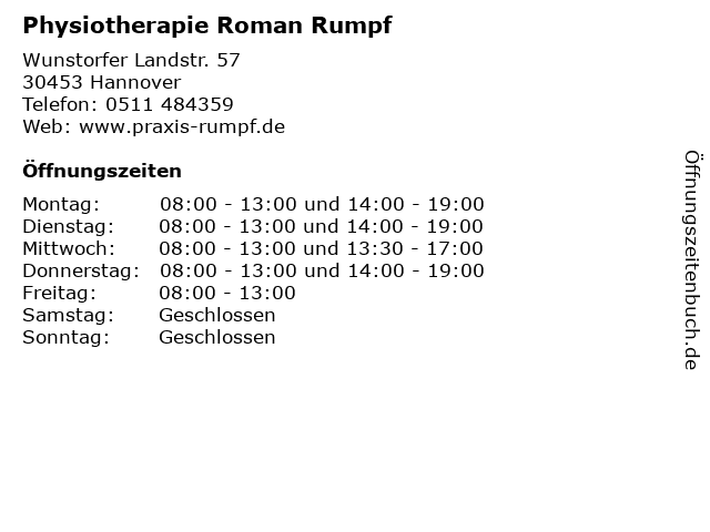 Physiotherapie Roman Rumpf in Hannover: Adresse und Öffnungszeiten