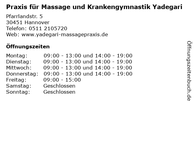 Praxis für Massage und Krankengymnastik Yadegari in Hannover: Adresse und Öffnungszeiten