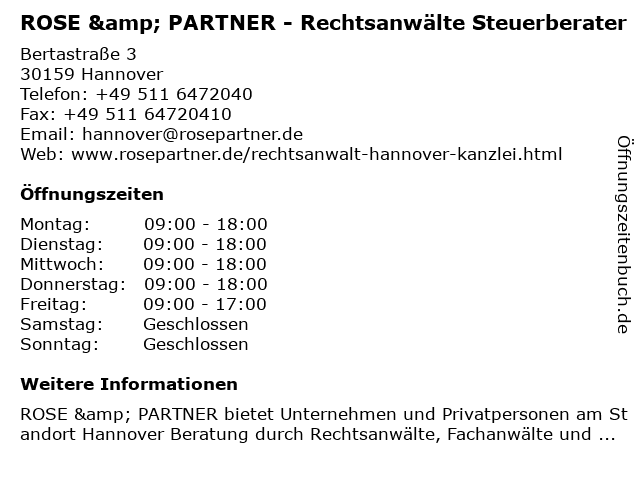 ROSE & PARTNER - Rechtsanwälte Steuerberater in Hannover: Adresse und Öffnungszeiten