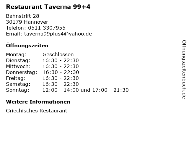 Restaurant Taverna 99+4 in Hannover: Adresse und Öffnungszeiten