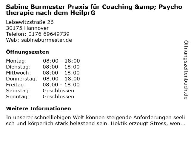Sabine Burmester Praxis für Coaching & Psychotherapie nach dem HeilprG in Hannover: Adresse und Öffnungszeiten