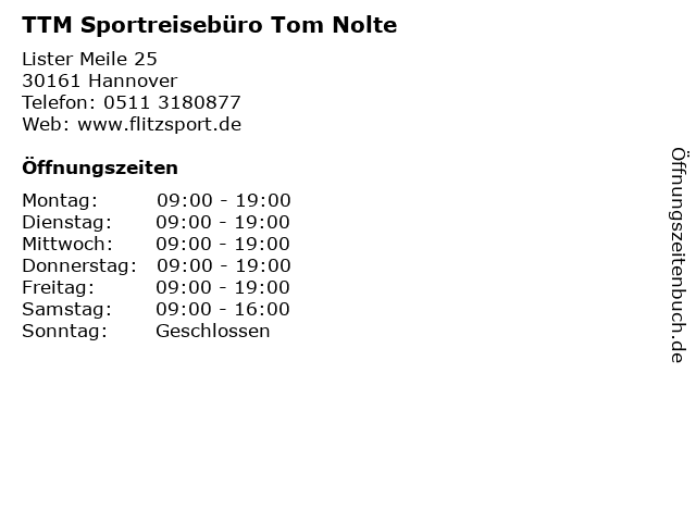 TTM Sportreisebüro Tom Nolte in Hannover: Adresse und Öffnungszeiten