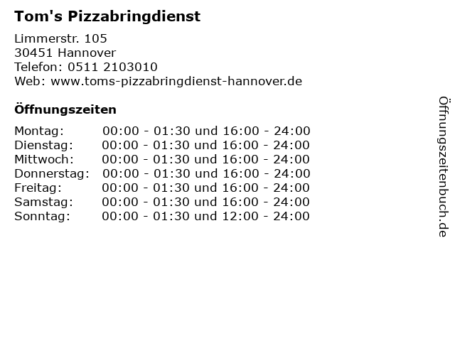 Tom's Pizzabringdienst in Hannover: Adresse und Öffnungszeiten