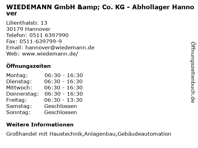 WIEDEMANN GmbH & Co. KG - Abhollager Hannover in Hannover: Adresse und Öffnungszeiten