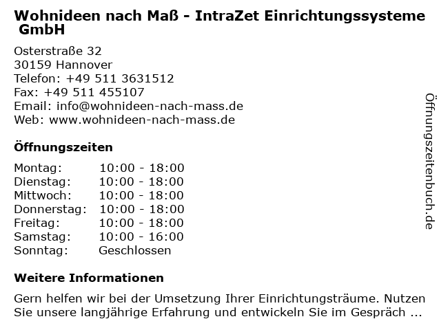 Wohnideen nach Maß - IntraZet Einrichtungssysteme GmbH in Hannover: Adresse und Öffnungszeiten