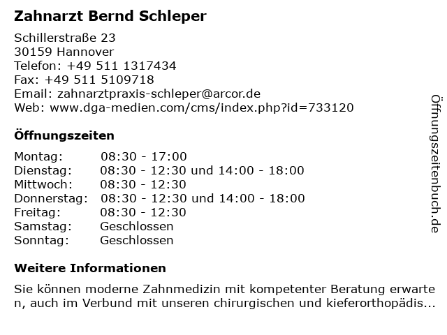 Zahnarzt Bernd Schleper in Hannover: Adresse und Öffnungszeiten