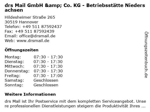 drs Mail GmbH & Co. KG - Betriebsstätte Niedersachsen in Hannover: Adresse und Öffnungszeiten