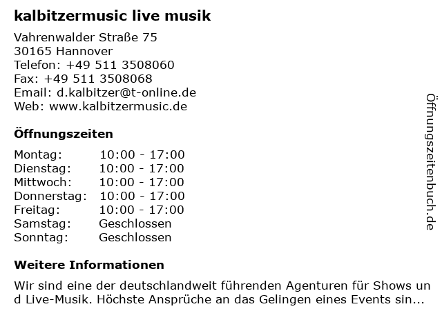 kalbitzermusic live musik in Hannover: Adresse und Öffnungszeiten