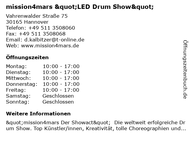 mission4mars "LED Drum Show" in Hannover: Adresse und Öffnungszeiten
