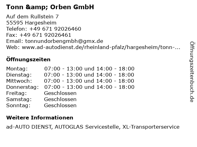 Tonn & Orben GmbH in Hargesheim: Adresse und Öffnungszeiten