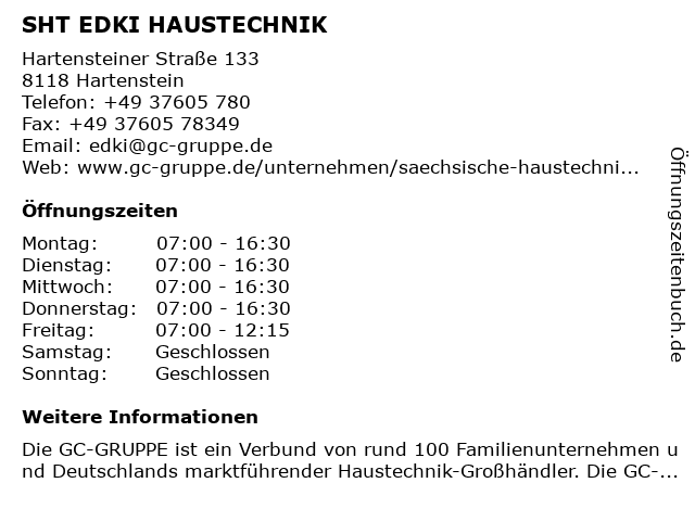 SHT EDKI HAUSTECHNIK in Hartenstein: Adresse und Öffnungszeiten