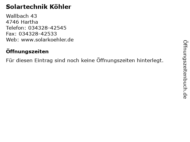 Solartechnik Köhler in Hartha: Adresse und Öffnungszeiten