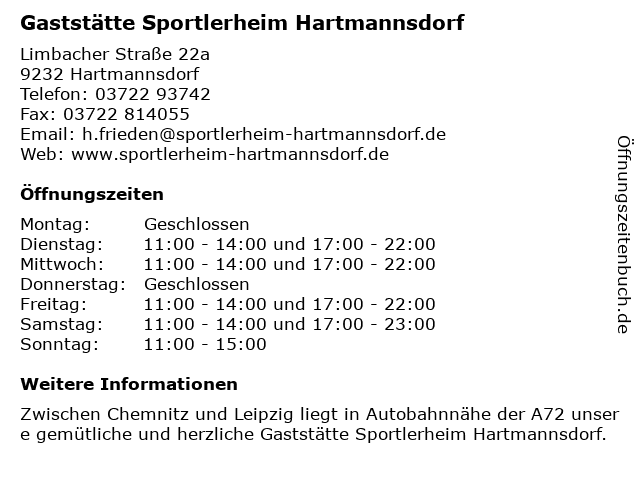 Gaststätte Sportlerheim in Hartmannsdorf: Adresse und Öffnungszeiten