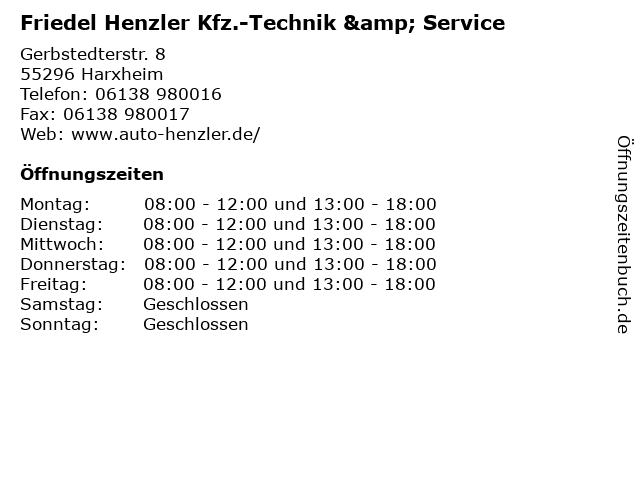 Friedel Henzler Kfz.-Technik & Service in Harxheim: Adresse und Öffnungszeiten