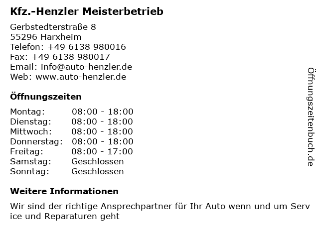 Kfz.-Henzler Meisterbetrieb in Harxheim: Adresse und Öffnungszeiten
