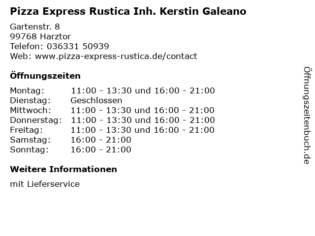 Pizza Express Rustica Inh. Kerstin Galeano in Harztor: Adresse und Öffnungszeiten