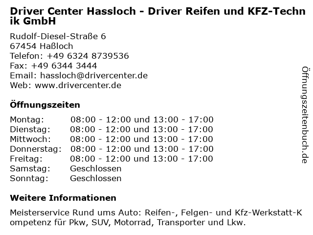 DRIVER CENTER HASSLOCH - DRIVER REIFEN UND KFZ-TECHNIK GMBH in Haßloch: Adresse und Öffnungszeiten