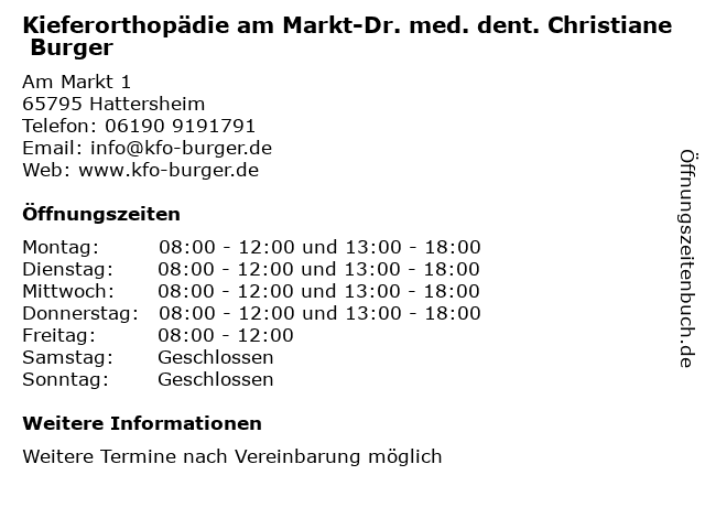 Kieferorthopädie am Markt-Dr. med. dent. Christiane Burger in Hattersheim: Adresse und Öffnungszeiten