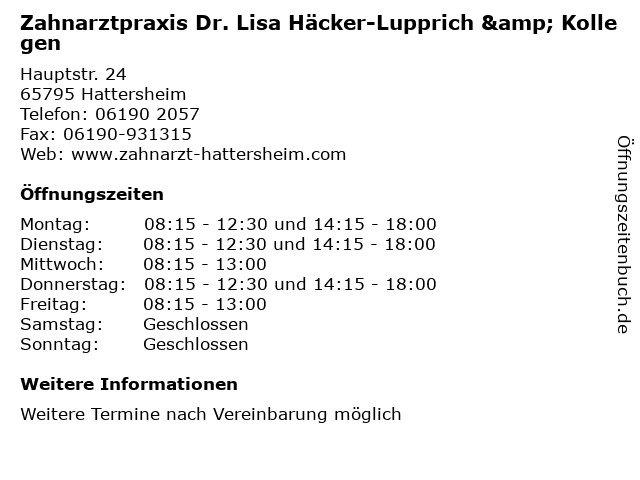 Zahnarztpraxis Dr. Lisa Häcker-Lupprich & Kollegen in Hattersheim: Adresse und Öffnungszeiten