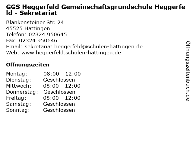 GGS Heggerfeld Gemeinschaftsgrundschule Heggerfeld - Sekretariat in Hattingen: Adresse und Öffnungszeiten