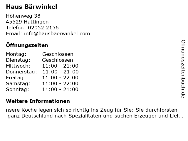 ᐅ Offnungszeiten Haus Barwinkel Hohenweg 38 In Hattingen