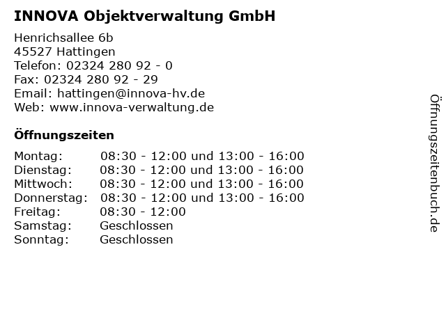 INNOVA Objektverwaltung GmbH in Hattingen: Adresse und Öffnungszeiten