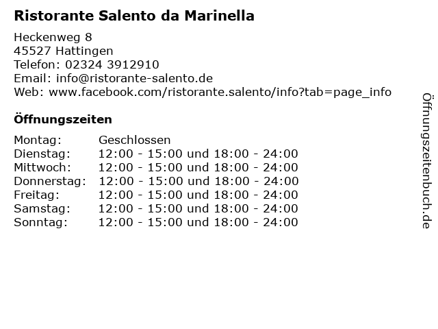 Ristorante Salento da Marinella in Hattingen: Adresse und Öffnungszeiten
