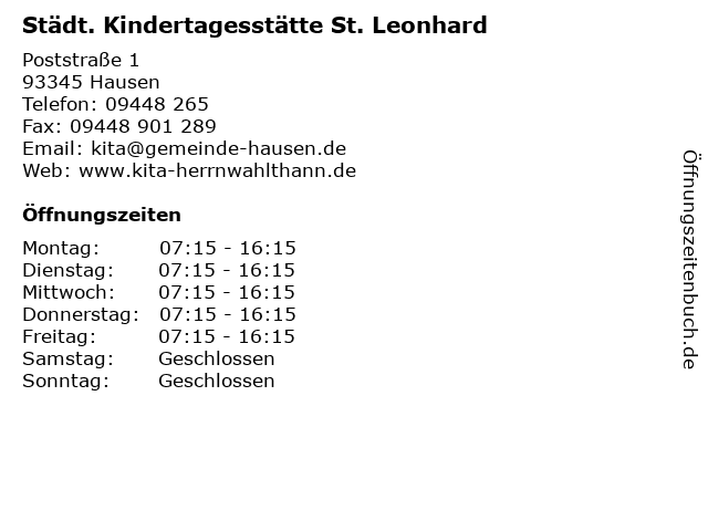 ᐅ Offnungszeiten Kindertagesstatte St Leonhard Herrnwahlthann