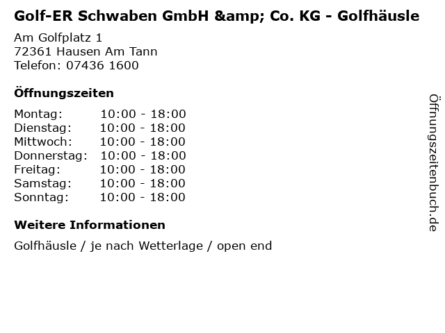 ᐅ Offnungszeiten Golf Er Schwaben Gmbh Co Kg Golfhausle
