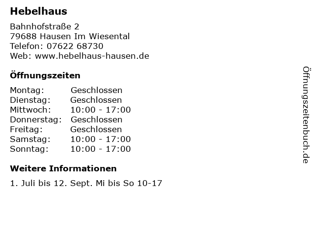 ᐅ Offnungszeiten Hebelhaus Bahnhofstrasse 2 In Hausen Im Wiesental