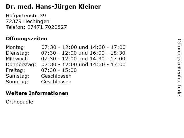 Dr. med. Hans-Jürgen Kleiner in Hechingen: Adresse und Öffnungszeiten
