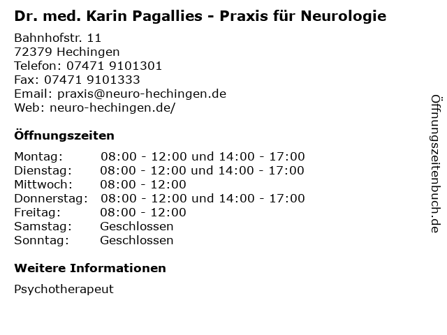 Dr. med. Karin Pagallies - Praxis für Neurologie in Hechingen: Adresse und Öffnungszeiten