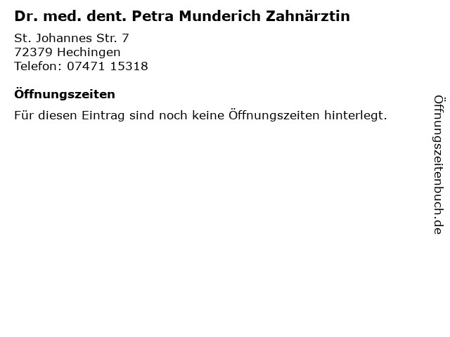 Dr. med. dent. Petra Munderich Zahnärztin in Hechingen: Adresse und Öffnungszeiten